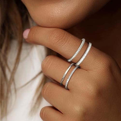 Florideco Stackable Rings for Women 14K Gold Plated Stackable Thin Ring Minimalist Non Tarnish Cubic Zirconia Band Rings Dainty Trendy Statement Stacking Ring Set Size 5-10 - color: Silver Tone