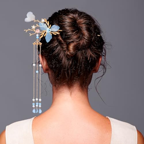 HINZIC 5pcs Flower Tassels Hairpin for Women, Non-Slip Crystal Pearl Greenstick Hair Clips, Retro Chinese Hanfu Wedding Brides Hair Accessories for Long Hair - color: Blue Branch