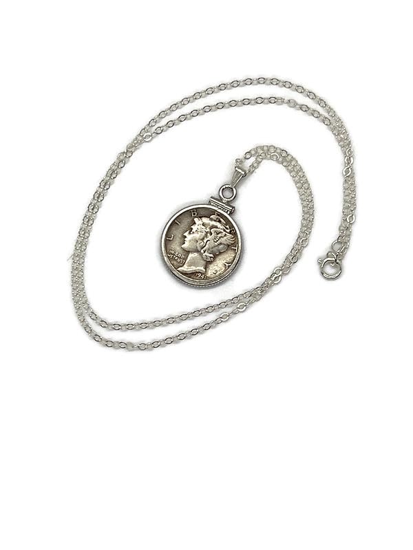 Handmade Sterling Silver Vintage 1940's Mercury Dime 925 Necklace No Plating. 16-20" Chain lengths NEW. US collectible Silver 10 cent coin. 90% Silver Dime. Screw Top Coin Edge bezel - size: Add 20 inch Cable Chain