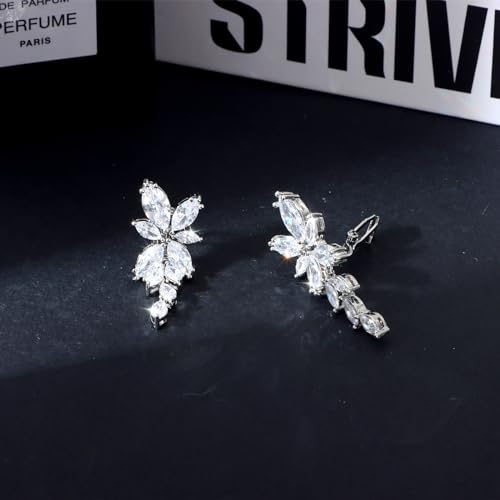 Awinesn Clip on Earrings for Women 925 Sterling Silver Plated Cubic Zirconia Long Tassel Dangle Drop Earrings Non Pierced Earrings for Women Jewelry Gifts Wedding Party - color: leaves 1