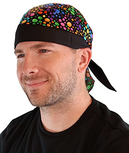 Sparkling EARTH - American Made Skull Caps Doo Rags Do Rag Durag Headwrap Head Wraps Skullies - Made in The USA! - color: Multi-colored Dots on Black Skull Cap