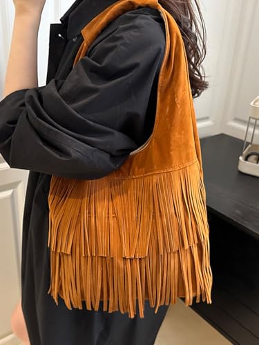 Faux Suede Tassel Shoulder Bag for Women, Vintage Minimalist Large Capacity Crossbody Bag with Retro Fringe Detail