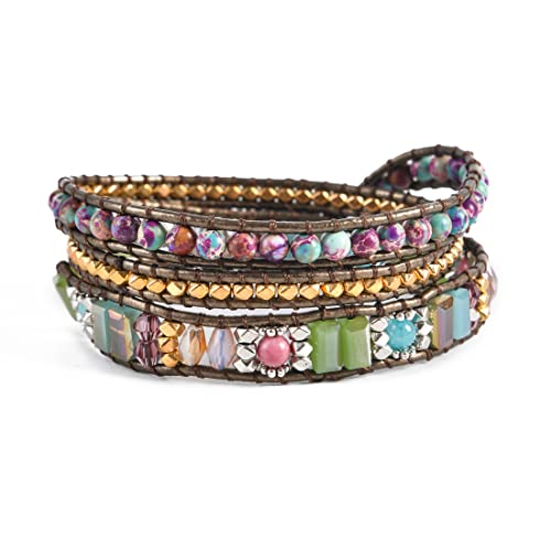 YGLINE Boho Handmade Wrap Leather Tube Crystal Stone Bracelet for Women - color: 3 wrap-mix stone