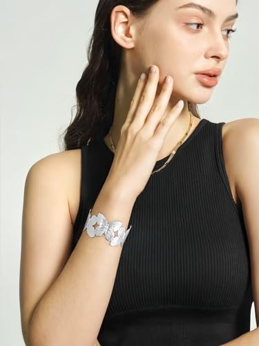 WOWORAMA Chunky Gold Cuff Bracelets for Women Vintage Gold Flower Butterfly Bracelet Trendy Boho Wide Open Cuff Bangles Matte Statement Bracelet - color: Silver Butterfly
