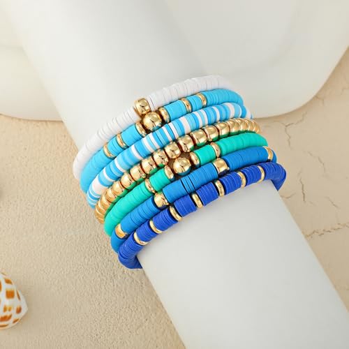 GOOJIDS Surfer Heishi Clay Bead Bracelets for Women Bohemian Stackable Gold Plated Beaded Stretch Bracelets Elastic Layering Friendship Bracelets Set Boho Jewelry - color: B-Blue New Set