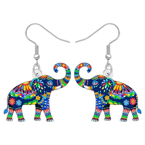 BONSNY Colorful Acrylic Elephant Dangle Earrings Bohemian Tribal Floral Design Boho Jewelry Gifts for Women Funny Novelty Hypoallergenic Spring Summer Gifts Accessories - color: Blue