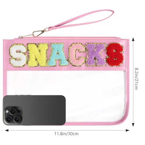 Clear Snack Bag for Travel, Chenille Letter Clear Zipper Snacks Pouch Nylon Cosmetic Bag Makeup Travel Bag for Women - color: Pink