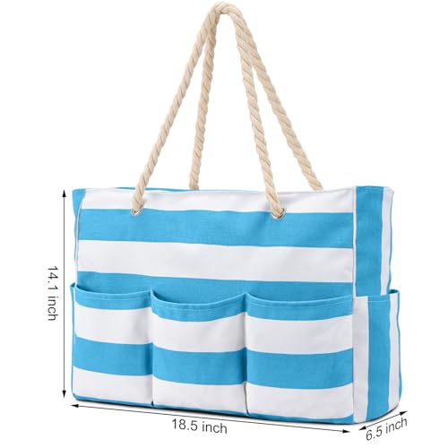 Becokan Beach Bags for Women Canvas Large Beach Tote Bag Zipper Waterproof Sandproof Foldable Swim Pool Bag with 7 Pockets - color: Light Blue