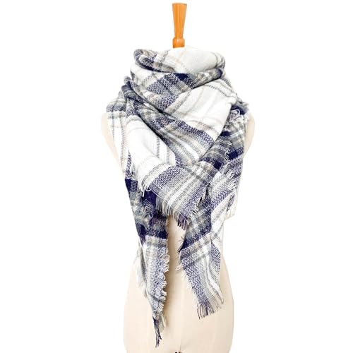 Wander Agio Womens Warm Long Shawl Winter Wraps Large Scarves Knit Cashmere Feel Plaid Triangle Scarf - color: Plaid Blue 34