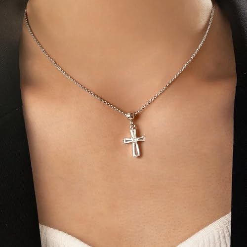 14K Gold Plated Cross Pendant Necklaces for Women Trendy, Dainty Choker CZ Cross Necklace Non Tarnish,Simple Tiny Cross Necklace for Jewelry Gifts - style: T-Crystal Platinum