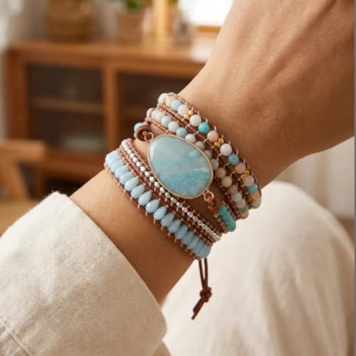 YGLINE Boho Handmade Wrap Leather Tube Crystal Stone Bracelet for Women - color: Amazonite 2