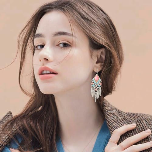 Boho Turquoise Drop Earrings Retro Long Copper Feather Tasse Metal Leaf Dangle Earrings Vintage Country Western Jewelry Cowgirl Ethnic Style Geometric Concert Festival Accessories for Women - color: Pink