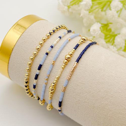 14K Gold Beaded Ball Stackable Bracelets for Women,Bohemian Stretch Colorful Seed Beads Bracelet Stack Fashion Holiday Jewelry Gift Friendship - color: Blue