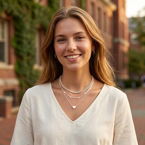 WomenGifts Layered Gold Necklaces for Women, 14K Gold Sterling Silver Plated Dainty Pendant Necklace Set Non Tarnish, Chunky Stackable Cuban Chain Choker, Trendy Birthstone Vacation Jewelry Gift - color: Silver, style: Heart Trio