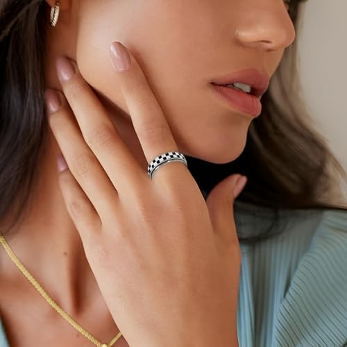 AmorArtSky Checkered Fidget Ring for Adults - 18K Gold Plated Stainless Steel Rotating Spinner Jewelry, Anxiety & Stress Relief Gift for Women/Men (Black and White Pattern) - color: Checkerboard Ring_Silver