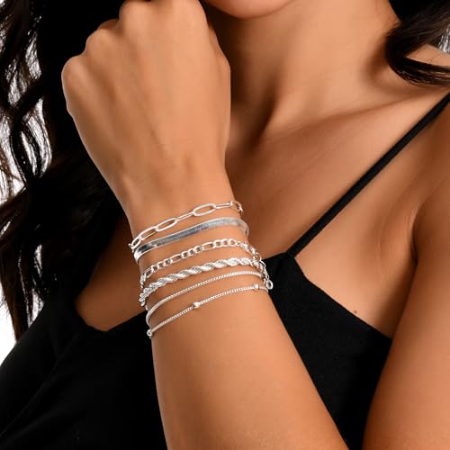 Dainty Gold Bracelets for Women, 14K Gold Plated Stackable Bracelet Set, Adjustable Beaded Cuban Paperclip Herringbone Figaro Snake Rope Chain Jewelry - style: Set6 Silver 6Pcs