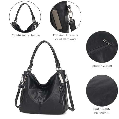 Shoulder Handbags for Women Large Soft Casual PU Leather Hobo Tote Purses - color: B-black