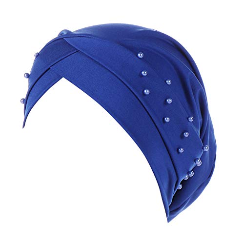 Women Beaded Silky Beanie, Pre-Tied Turban Head Wrap Cap for Chemo Chemical Cancer Hair Loss Cover Hat - color: Blue