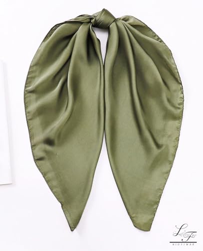 Hioyiwse Satin Square Scarf for Women Solid Color Emulation Silk Handkerchief Hair Ribbon Headband Handbag Purse - color: D14-army Green(23.6*23.6inch)