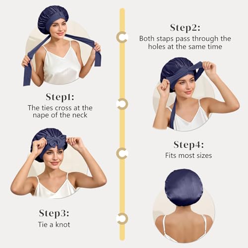 ZIMASILK 100% Mulberry Silk Bonnet for Sleeping Women Long Hair Double Layer Silk Hair Wrap with Tie Band Stay On Head (1Pc, Navy Blue) - color: Navy Blue