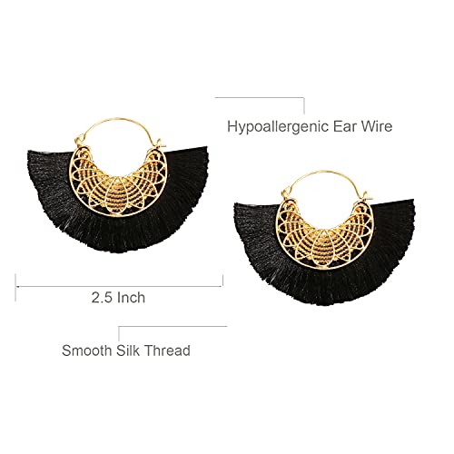 Tassel Hoop Earring Statement Thread Dangle Earrings Stylish Long Fringe Drop Earrings Lightweight Long Swingy French Hook Earrings for Women - color: B Black