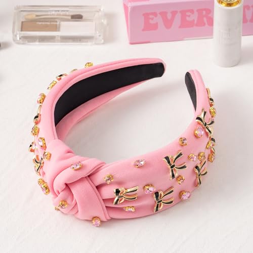 PANTIDE Coquette Black Bow Jeweled Knotted Headband - Rhinestone Crystal Embellished Preppy Trendy Headband Wide Top Knot Non Slip Fashion Hairband Hair Accessories Birthday Gift for Women Girl (Pink) - color: Pink Black Bow
