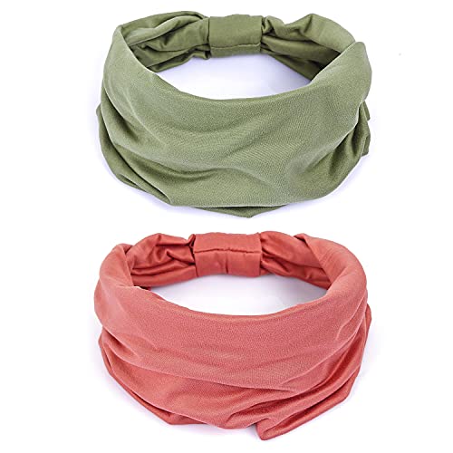 GiLi 2 Pack Wide Headbands for Women Boho African Knotted Non Slip Fashion Hair Bands Yoga Running Sports Workout Gym Head Wraps Elastic Soft Cotton Cloth Turbans Bandana for Girls(Green, Pink) - color: 2 Color (Green+Pink)