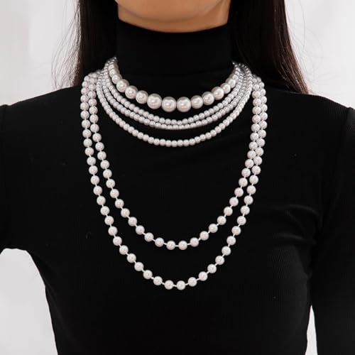Layered Pearl Necklaces for Women Big Pearl Long Chain Necklace Dainty Faux Pearl Necklaces Statement Sweater Strand Chain Jewelry - style: SetA