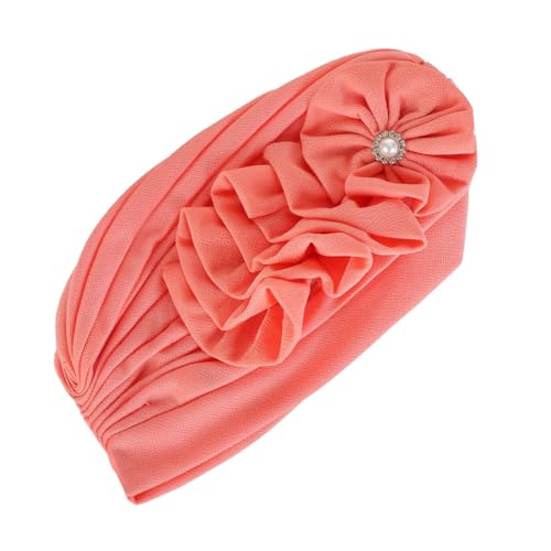 Flower Turban Hats for Women - Ruffle Bead Stretch Solid Caps Chemo Cancer Pre Tied Headscarf Headwear - color: Watermelon Red