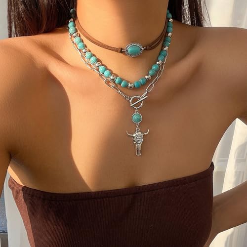 Layered Boho Necklaces for Women Gold Coin Pendant Necklaces Stackable Turquoise Choker Necklace for Women Western Jewelry - style: Style 8