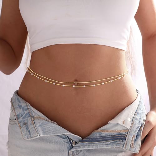 YBO Waist Chain 18K Gold Plated Body Jewelry for Women Adjustable Bikini Belly Belt Sexy Waist Beads Summer Beach - style: Pearl+Beads-G