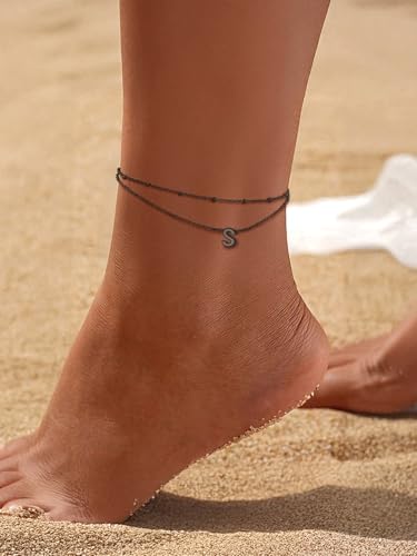 FaithHeart Initial Ankle Bracelets for Women, Waterproof 14k Gold Plated Initial Anklets Non Tarnish Stainless Steel Cute Layered Anklet Summer Beach Jewelry - color: Black, size: Initial S