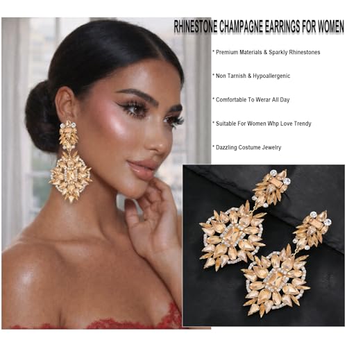 Silver Chandelier Earrings for Women Trendy, Oversized Big Crystal Rhinestone Statement Earrings Dangling Formal Pageant Earings Drag Queen Jewelry - color: champagne