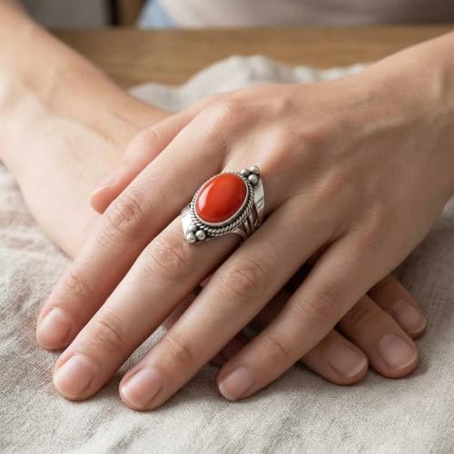 Handmade 925 Sterling Silver Plated Ring Natural Gemstone Carnelian, Rose Quartz, Tiger Eye, Crystal Oval Boho Jewelry For Women - color: Carnelian