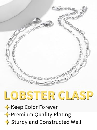 ChainsHouse Ankle Bracelets for Women, Stainless Steel Chain Anklets Waterproof, Women Summer Beach Jewelry Gift, Come with Box - color: 02. 2Pcs-(2+3mm)-Paperclip-Steel