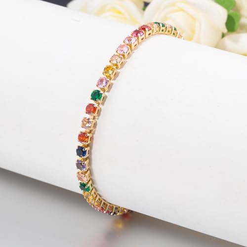 CiNily Adjustable Tennis Bracelets for Women Teen Girls Rainbow Cubic Zirconia Bracelet 14K White Gold Plated Hypoallergenic Slider Bracelet Jewelry Gift - color: Adjustable-Round Yellow Gold