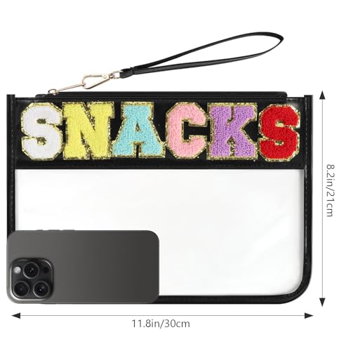 Clear Snack Bag for Travel, Chenille Letter Clear Zipper Snacks Pouch Nylon Cosmetic Bag Makeup Travel Bag for Women - color: Black