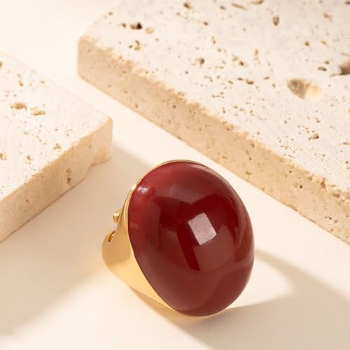 Kokoma Geometric Oval Statement Ring for Women Minimalist Open Adjustable Ring Gold Plated Bold Dome Cocktail Rings Promise Anniversary Band Jewelry - color: Red