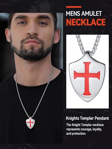 FaithHeart Knights Templar Necklace for Men, Christian Necklace for Men Stainless Steel Pendant Neckalces Christian Gifts with Gift Box - color: 06. Shield-Silver(Custom)