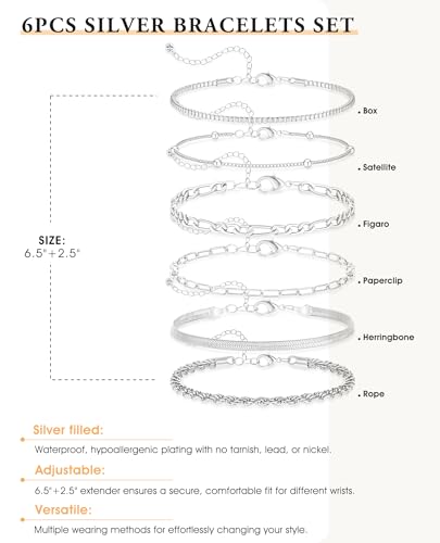 Dainty Gold Bracelets for Women, 14K Gold Plated Stackable Bracelet Set, Adjustable Beaded Cuban Paperclip Herringbone Figaro Snake Rope Chain Jewelry - style: Set6 Silver 6Pcs