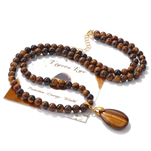 Healing Crystal Necklaces for Women Trendy Natural Stone Beaded Long Pendant Necklaces for Womens Handmade Bohemian Fashion Necklace Jewelry Gift - color: Tiger Eyes