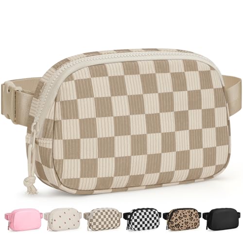 Pritent Fanny Packs for Women Cross Body Bag Waterproof Belt Bag with Adjustable Strap and Zipper Back Pocket Small Crossbody Bags Fashion Waist Packs for Workout Travelling(Checkered Khaki, Large) - color: Checkered Khaki, size: Large