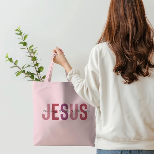 Jesus Tote Bag, Christian Tote Bags for Women, Religious Reusable Grocery Bags - color: Pink