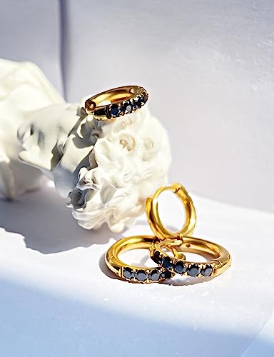 316L Surgical Stainless Steel Huggie Hoop Earrings with Cubic Zirconia, 10G 12G 14G 8-20mm Cartilage Lobe Earrings, 14G Piercing Jewelry - style: 10G 8mm Gold with Black CZ