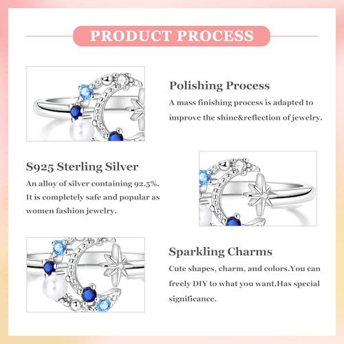 PARCOM Adjustable Women Stackable Ring, 925 Sterling Silver Open Rings - Trendy Eternity Cubic Zirconia Stackable Band Engagement Promise Ring for Her, Hypoallergenic Non Tarnish Nature Bird Floral Thumb Rings - color: Starry Night Pearl