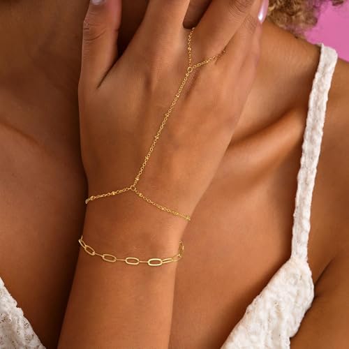 Hand Chain Bracelets for Women - 14K Real Gold Plated Dainty Stackable Paperclip Link Bracelets Hand Chain Bracelet Ring Gold Bracelets for Women Trendy - color: Parperclip Hand Chain