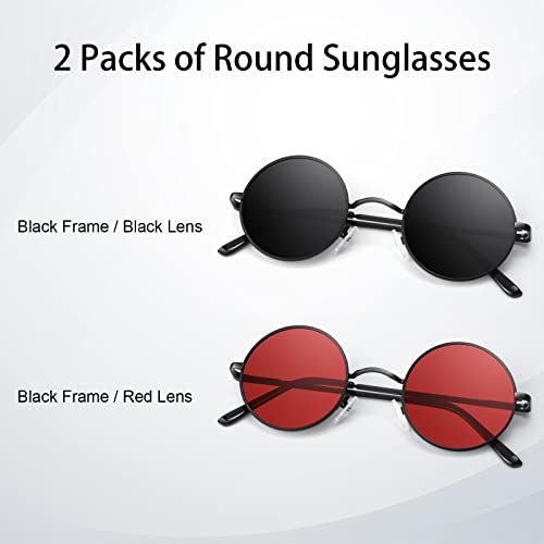 Round Polarized Sunglasses Men Women,Retro Metal Hippie Shades with 100% UV Protection - color: B4- Black Frame Black Lens + Black Frame Red Lens
