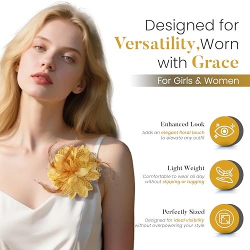 4.72 Inches Elegant Hair Clip Large Flower Brooches for Women | Flower Mesh Feathers Headwear Hair Clips for Wedding | Ponytail Holder & Floral Pins for Clothes Must Have in Fashion Dress Accessories - color: Golden Yellow