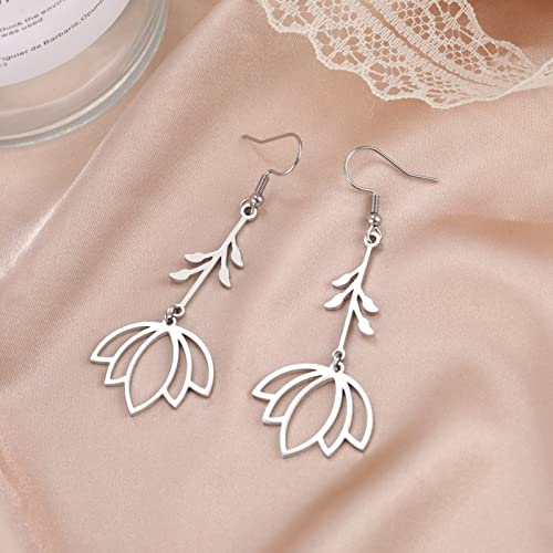 TEAMER Stainless Steel Lotus Flower Dangle Earrings Bohemian Drop Earring Unique Geometric Jewelry for Women - color: Lotus 1-Steel Color