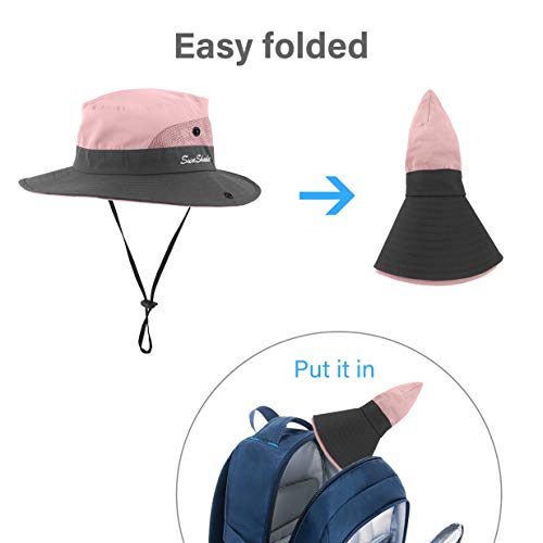 3 Pieces Womens Ponytail Wide Brim Sun Hat Packable UV Protection Beach Cap for Fishing & Hiking - color: Purple＆watermelon Red＆pink